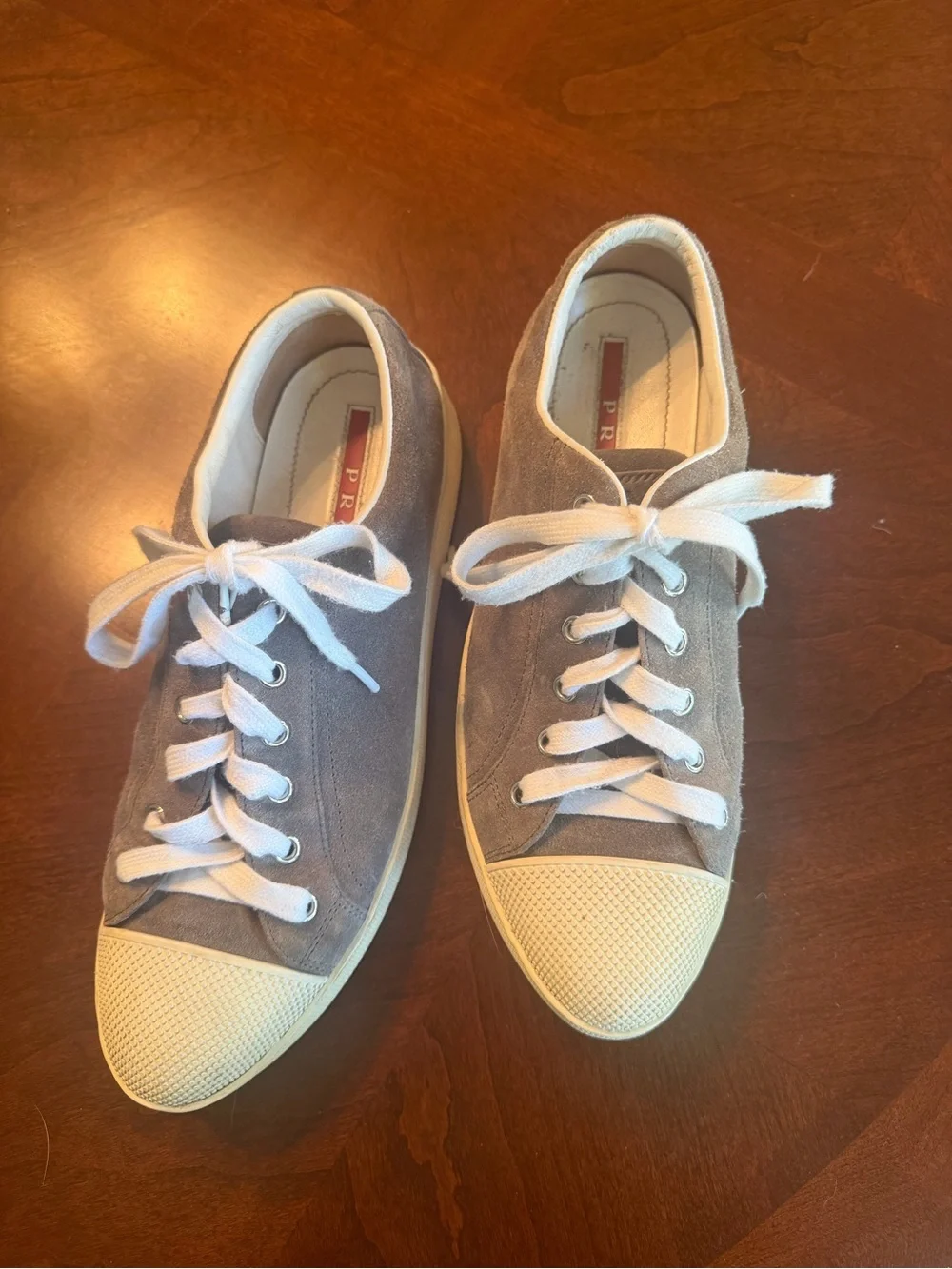 Prada Gray Suede Low-Top Sneakers with White Accents